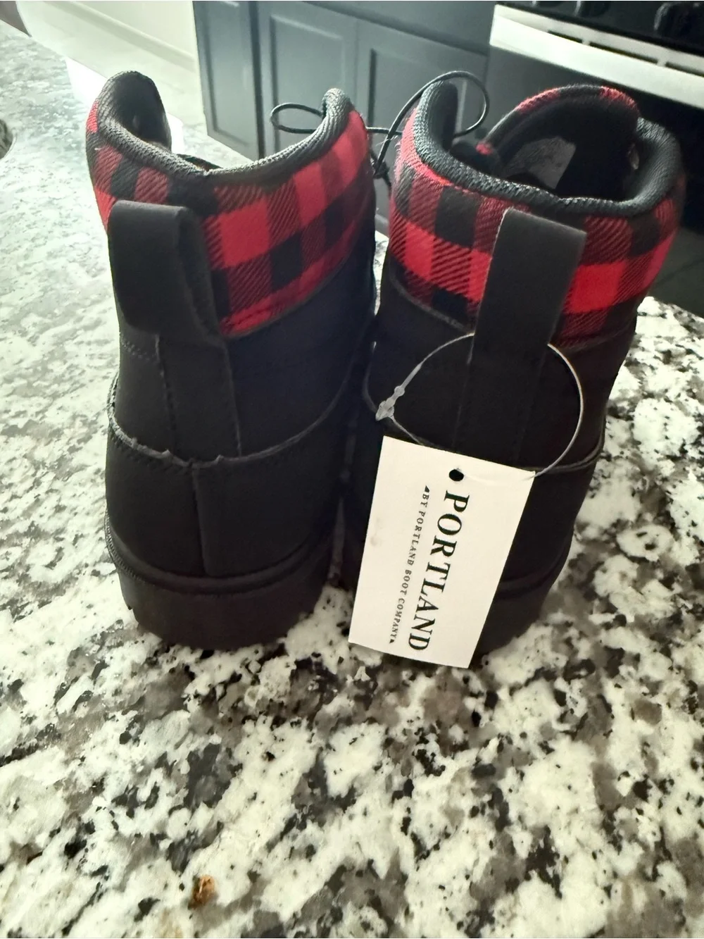 Kids Black Boots with Red Plaid Accent - Lace-Up Outdoor Style